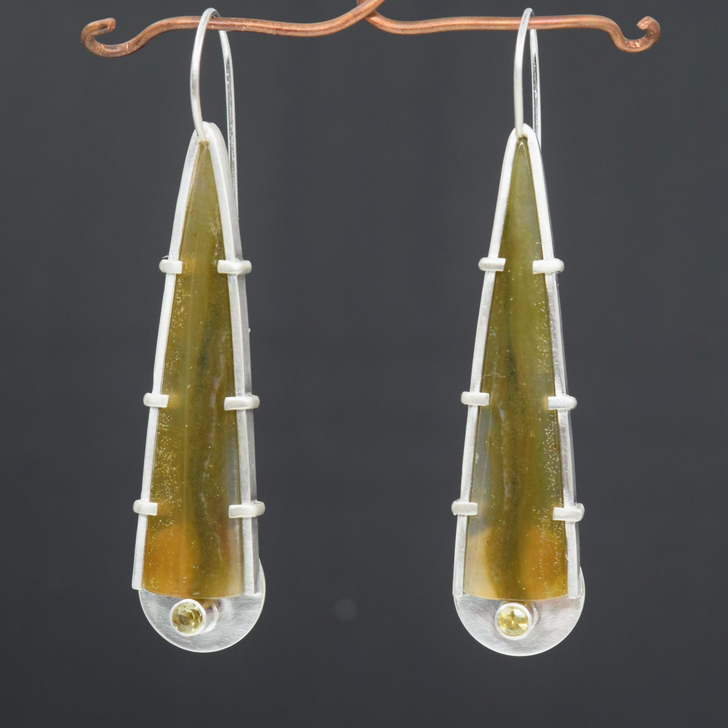 Timor Agate and Yellow/Green Sapphire Earrings
