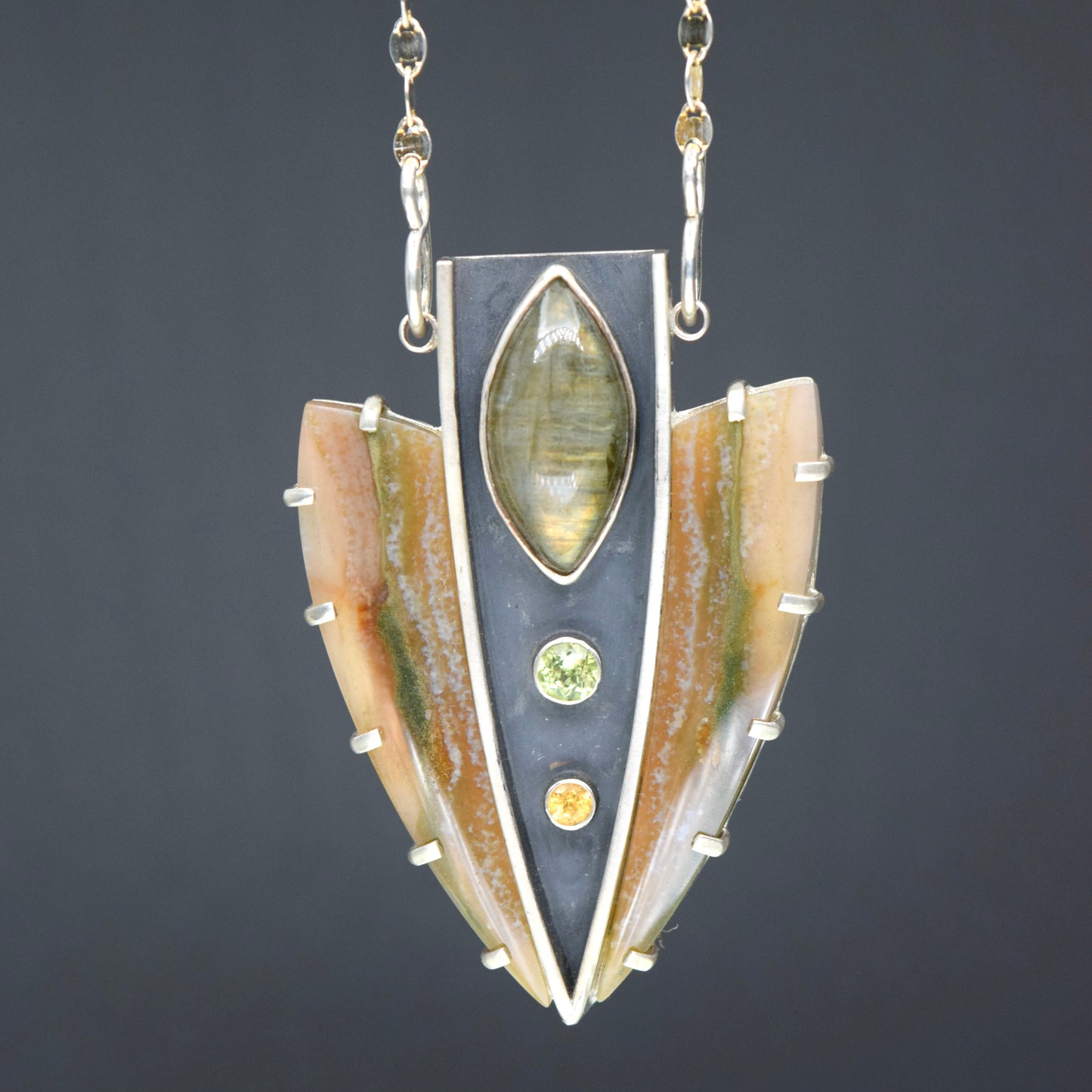 Shield Talisman- Timor Agate, Labradorite, Peridot and Citrine