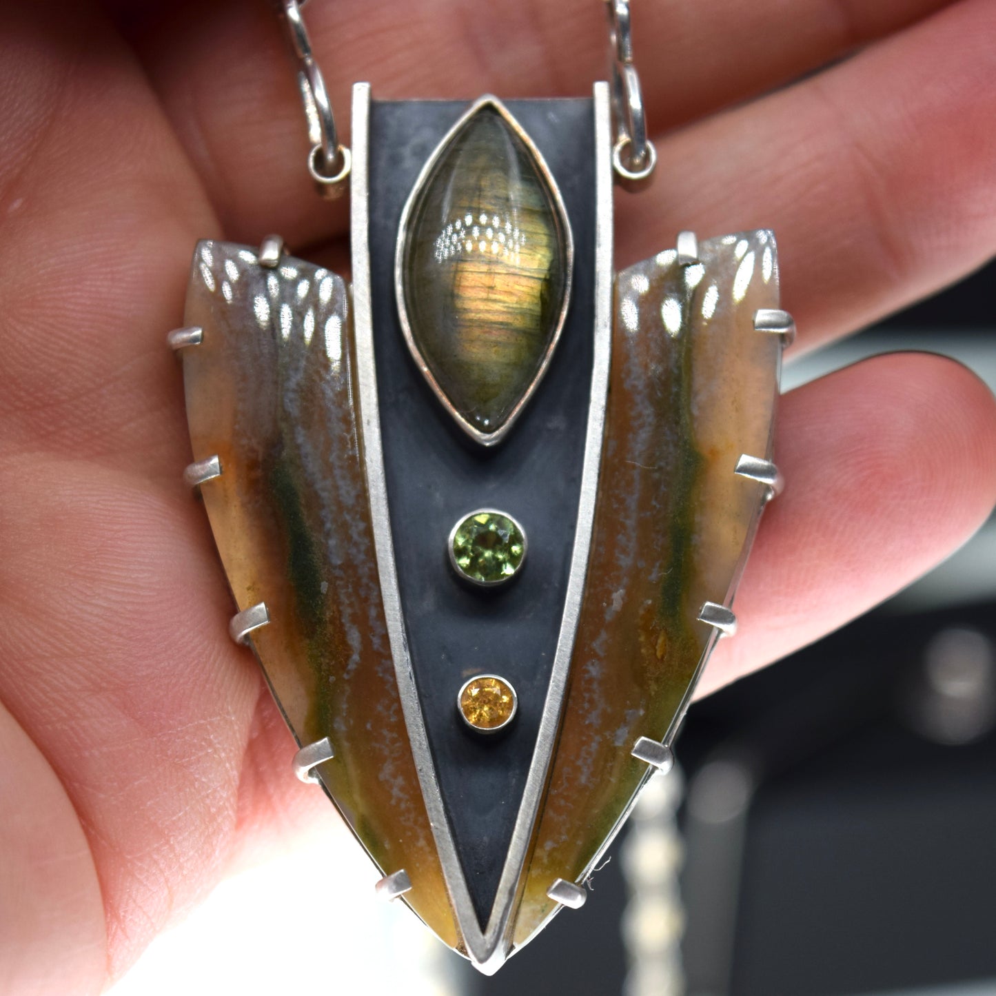 Shield Talisman- Timor Agate, Labradorite, Peridot and Citrine