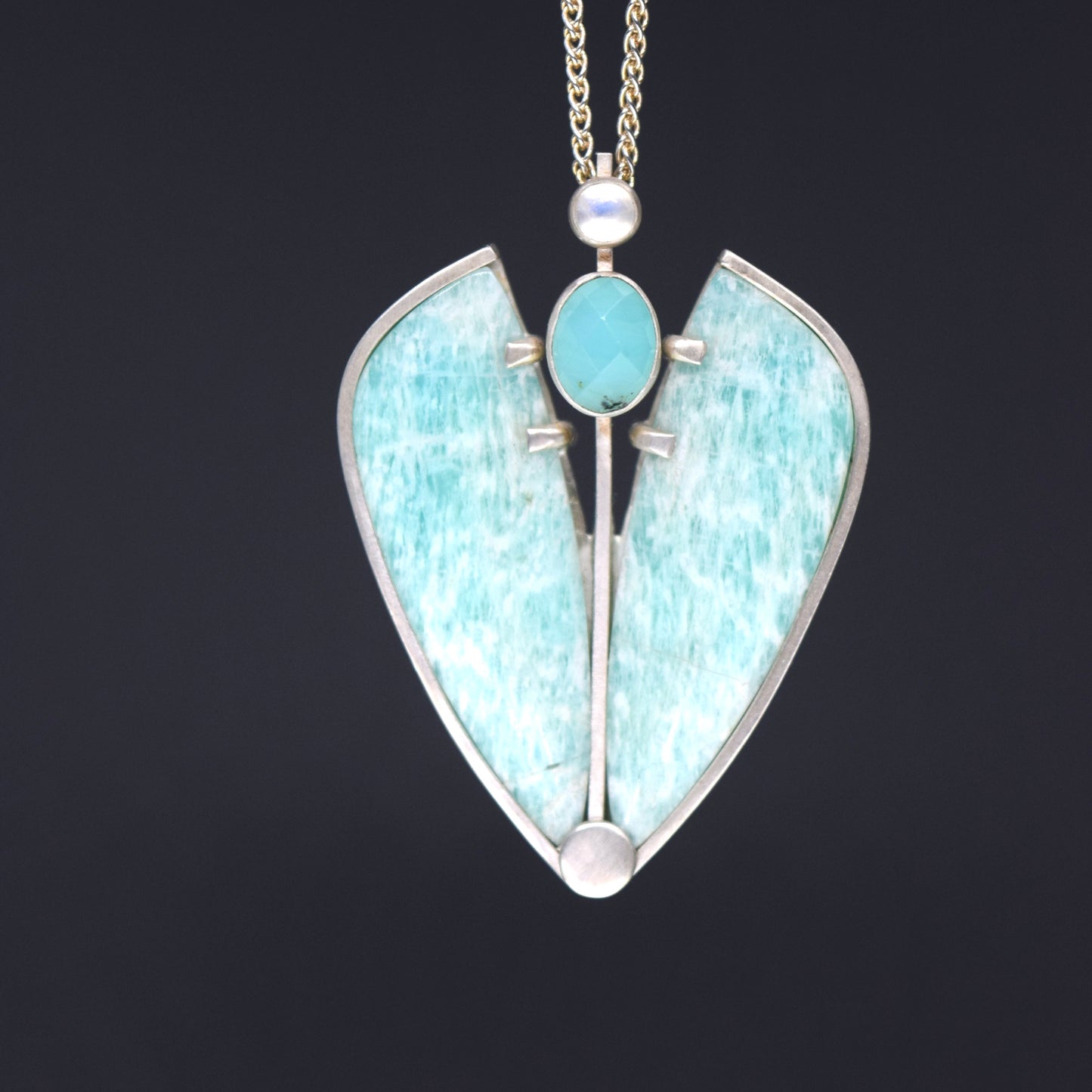 Amazonite, Opalized Wood & Rainbow moonstone Pendant