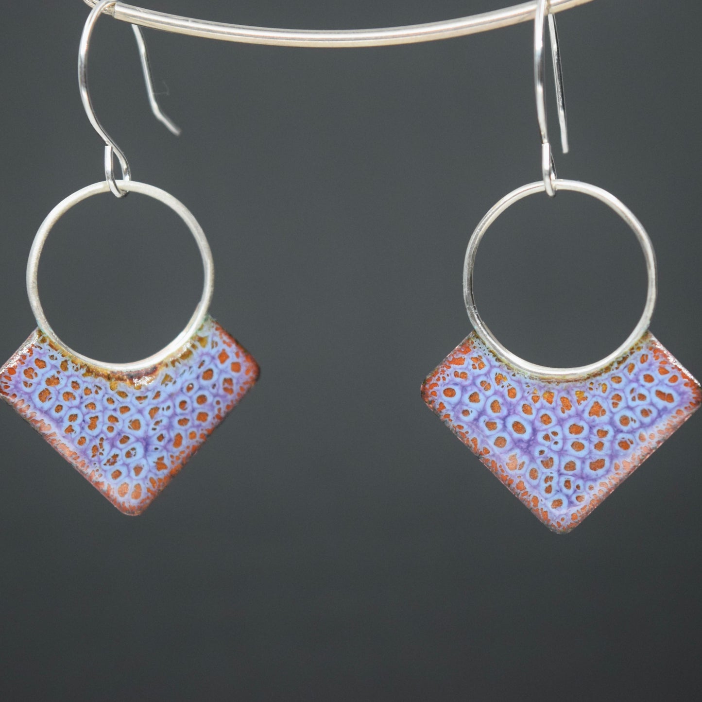 Purple and copper crackle triangle earrings