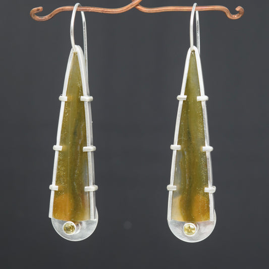 Timor Agate and Yellow/Green Sapphire Earrings