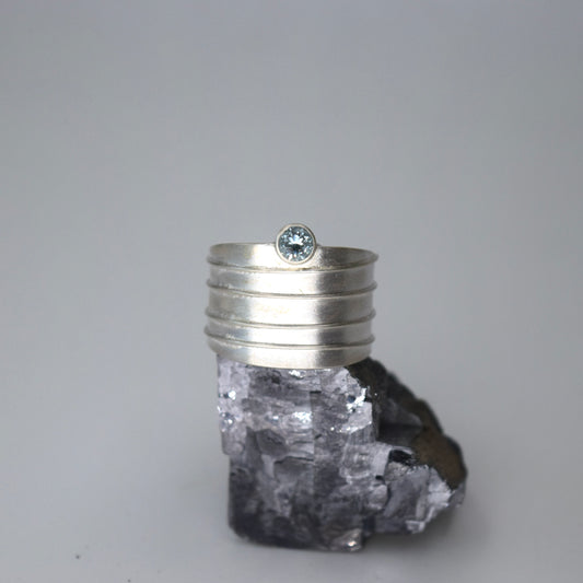 Adjustable Ring with fused lines and Aquamarine