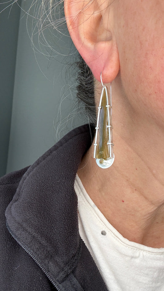 Timor Agate and Yellow/Green Sapphire Earrings