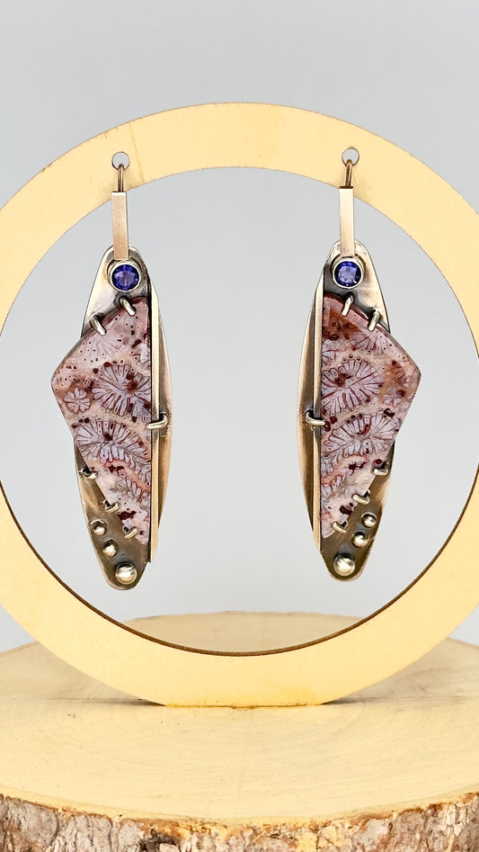 Oceanic Fossil Coral and Iolite Earrings
