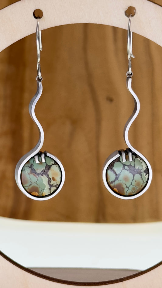 Serpentine Path Earrings with small round green turquoise