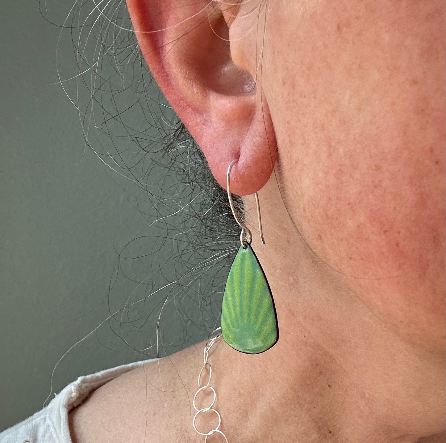 Shades of green triangle enamel earrings