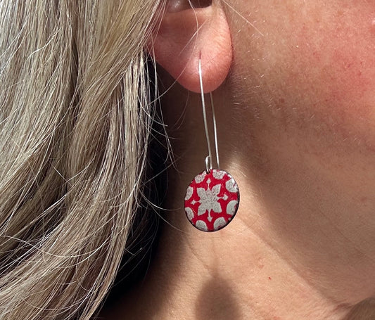 Red and light khaki enamel earrings