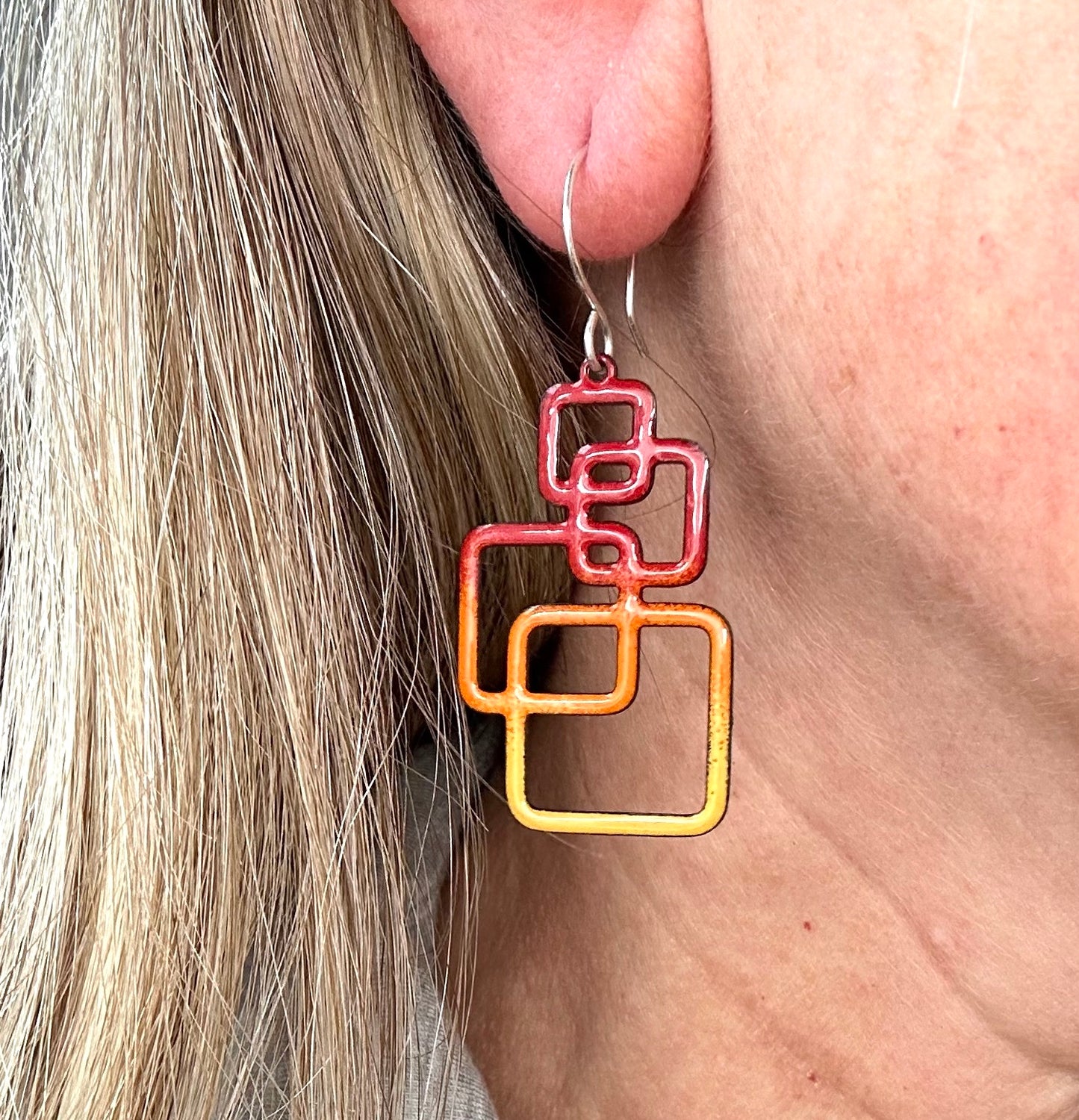 Geometric layered Square Enamel Earrings-4 color options