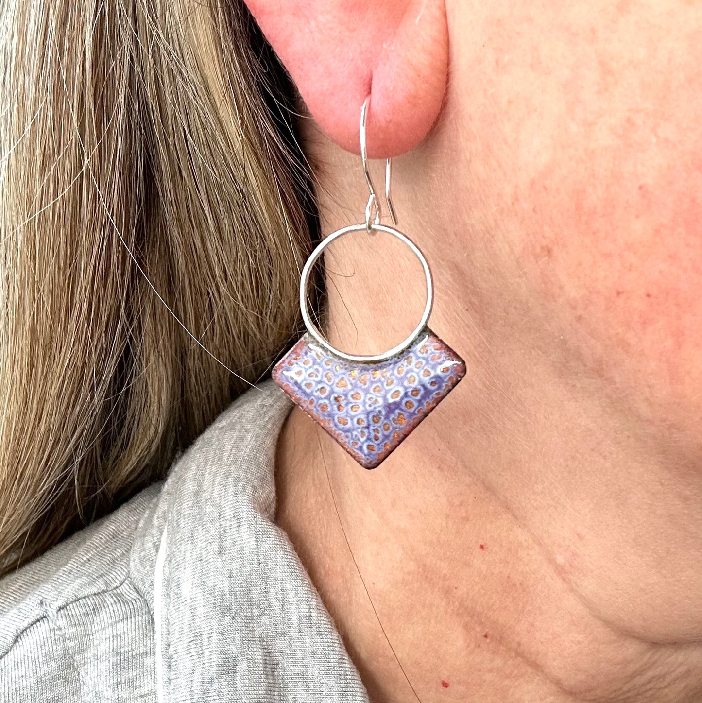 Purple and copper crackle triangle earrings